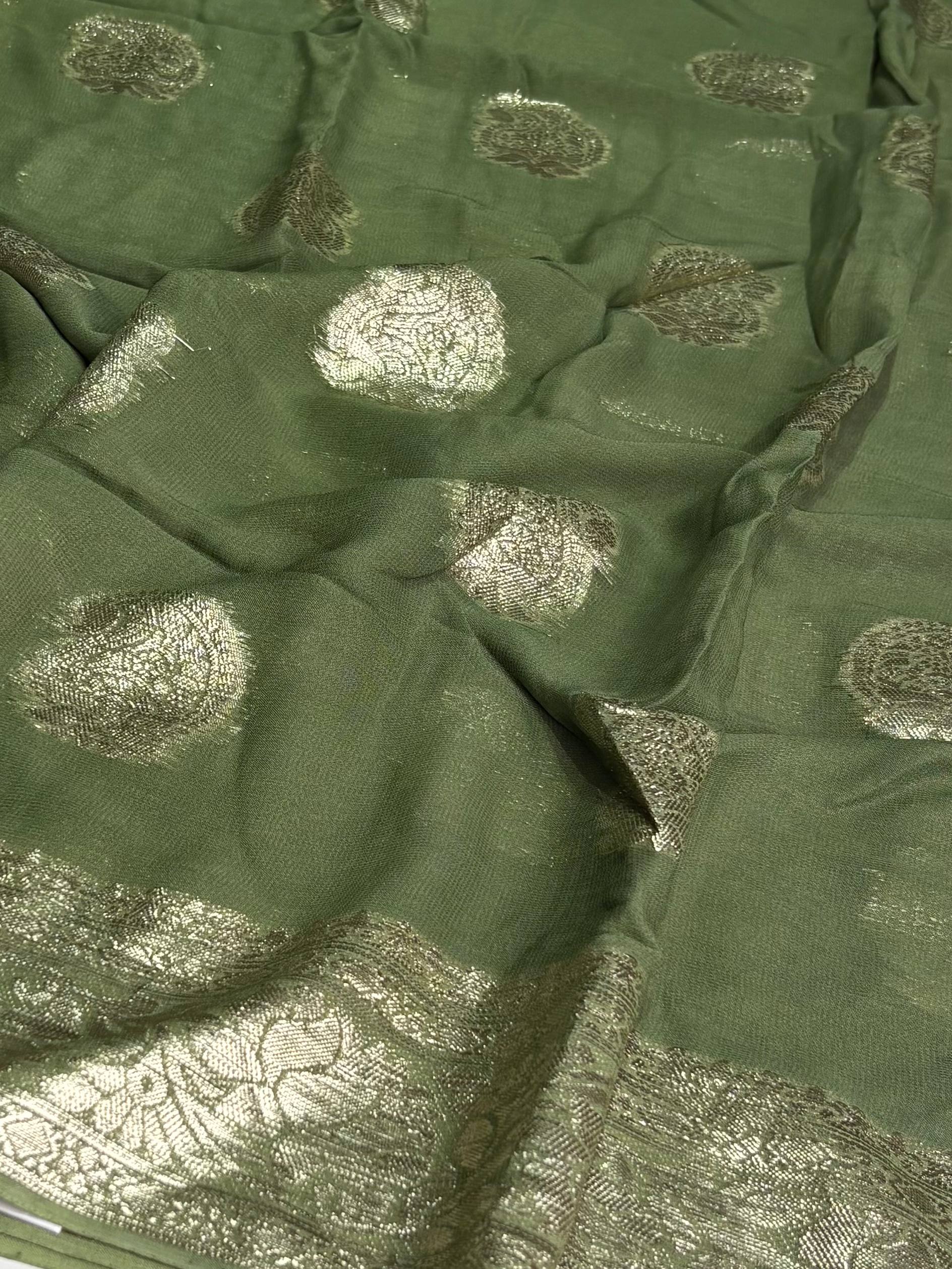 Sage Green Floral Chiffon Silk Saree