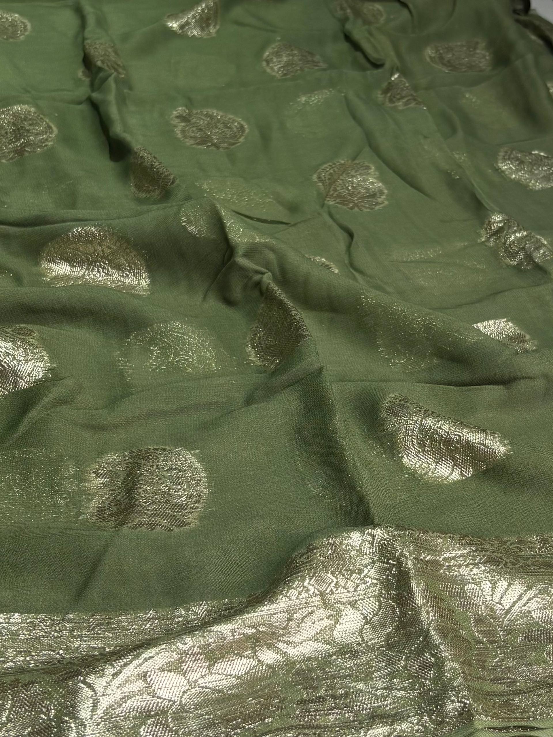 Sage Green Floral Chiffon Silk Saree