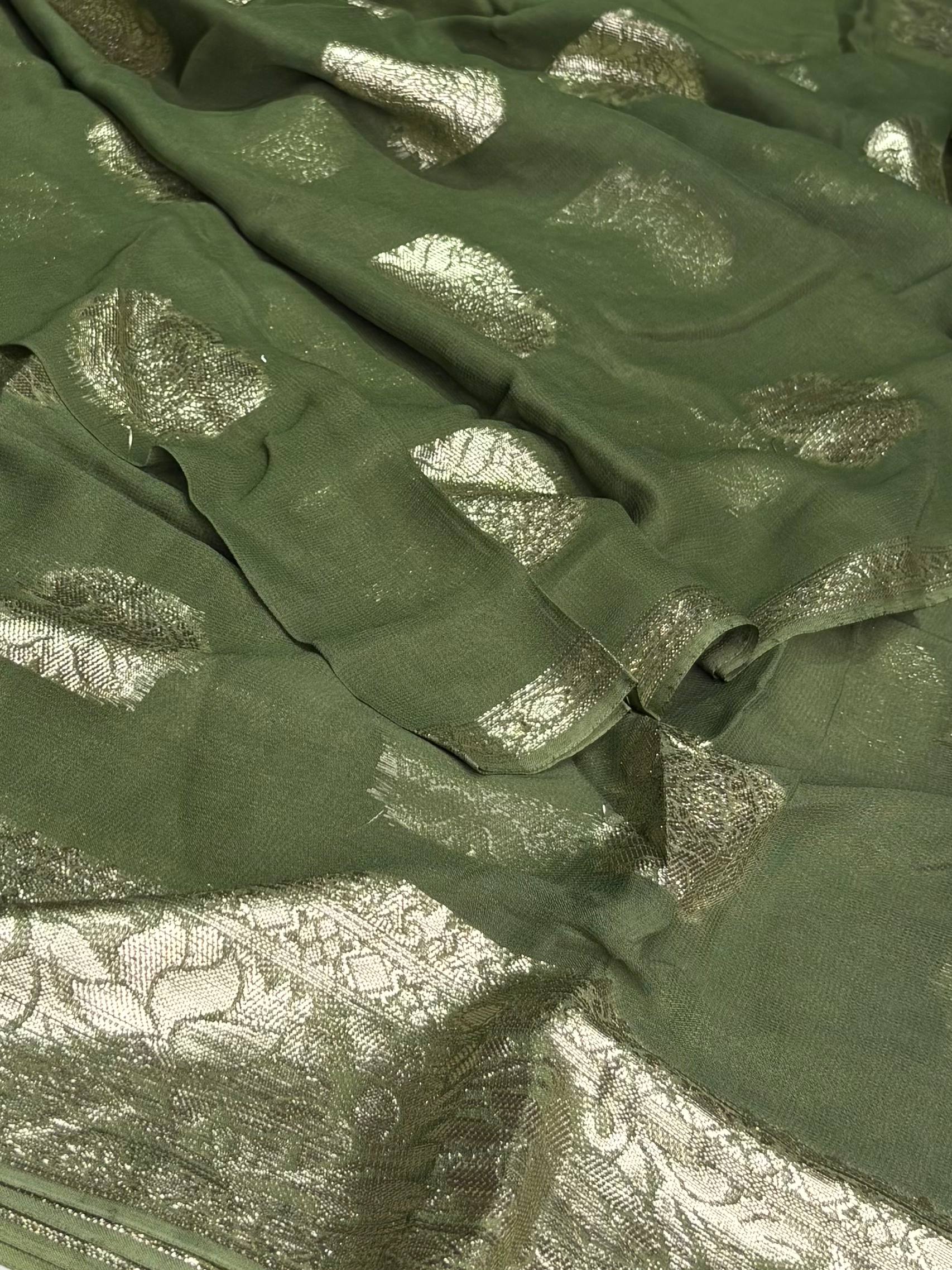Sage Green Floral Chiffon Silk Saree