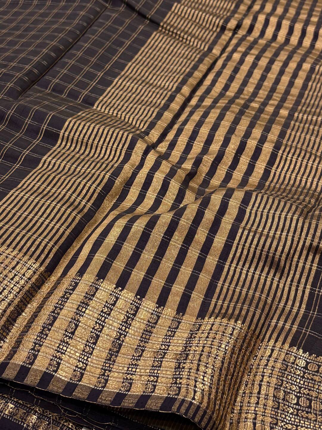Midnight Blue Checked Tussar Cotton Saree