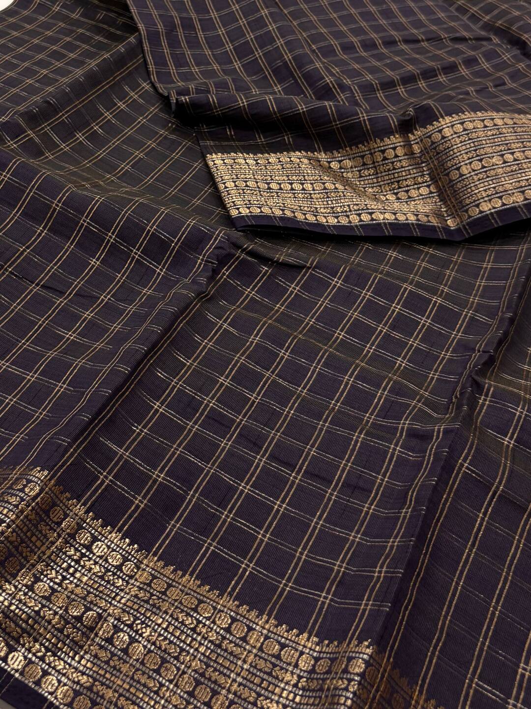 Midnight Blue Checked Tussar Cotton Saree