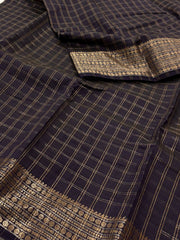Midnight Blue Checked Tussar Cotton Saree