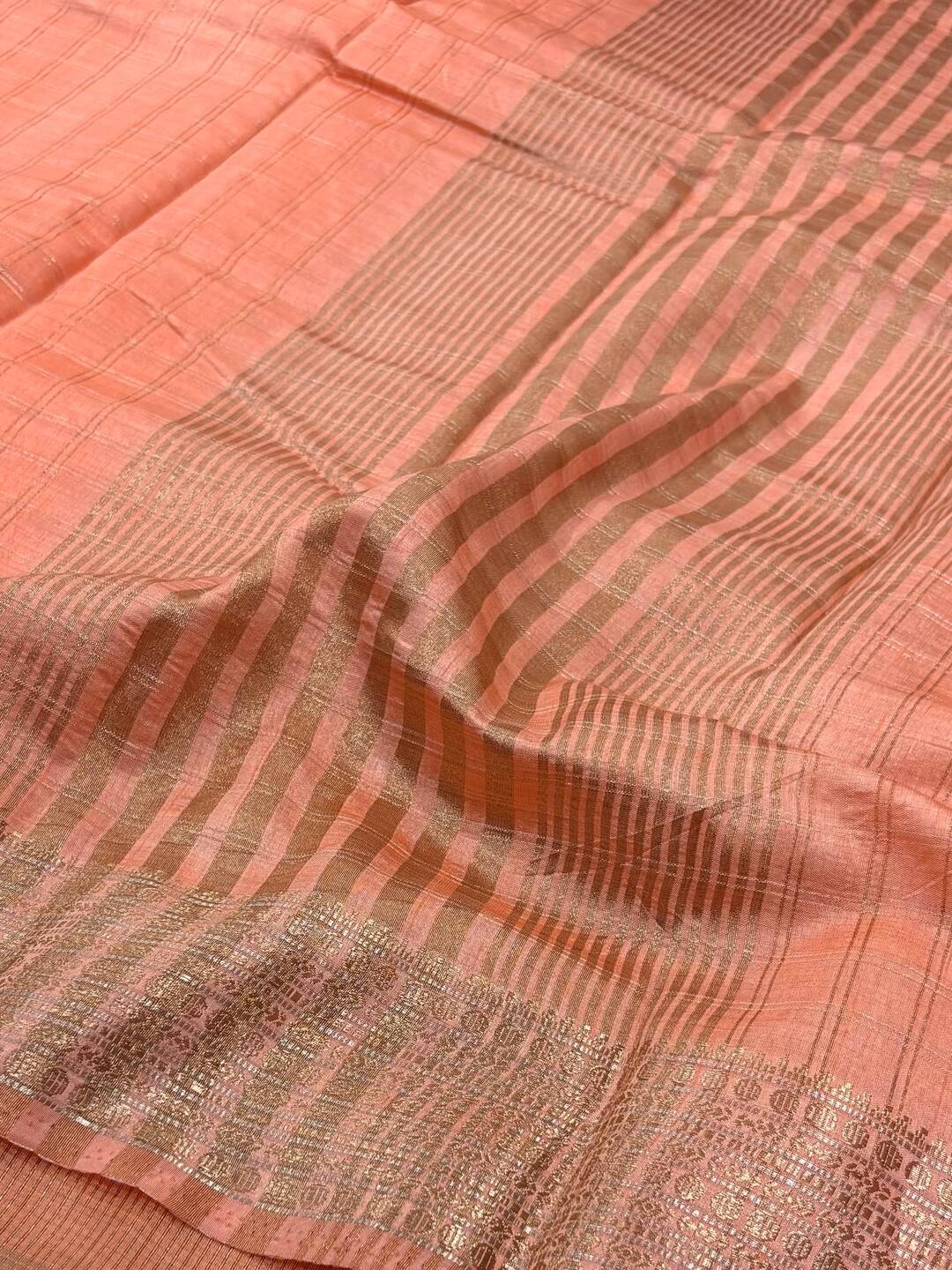 Peach Checked Tussar Cotton Saree
