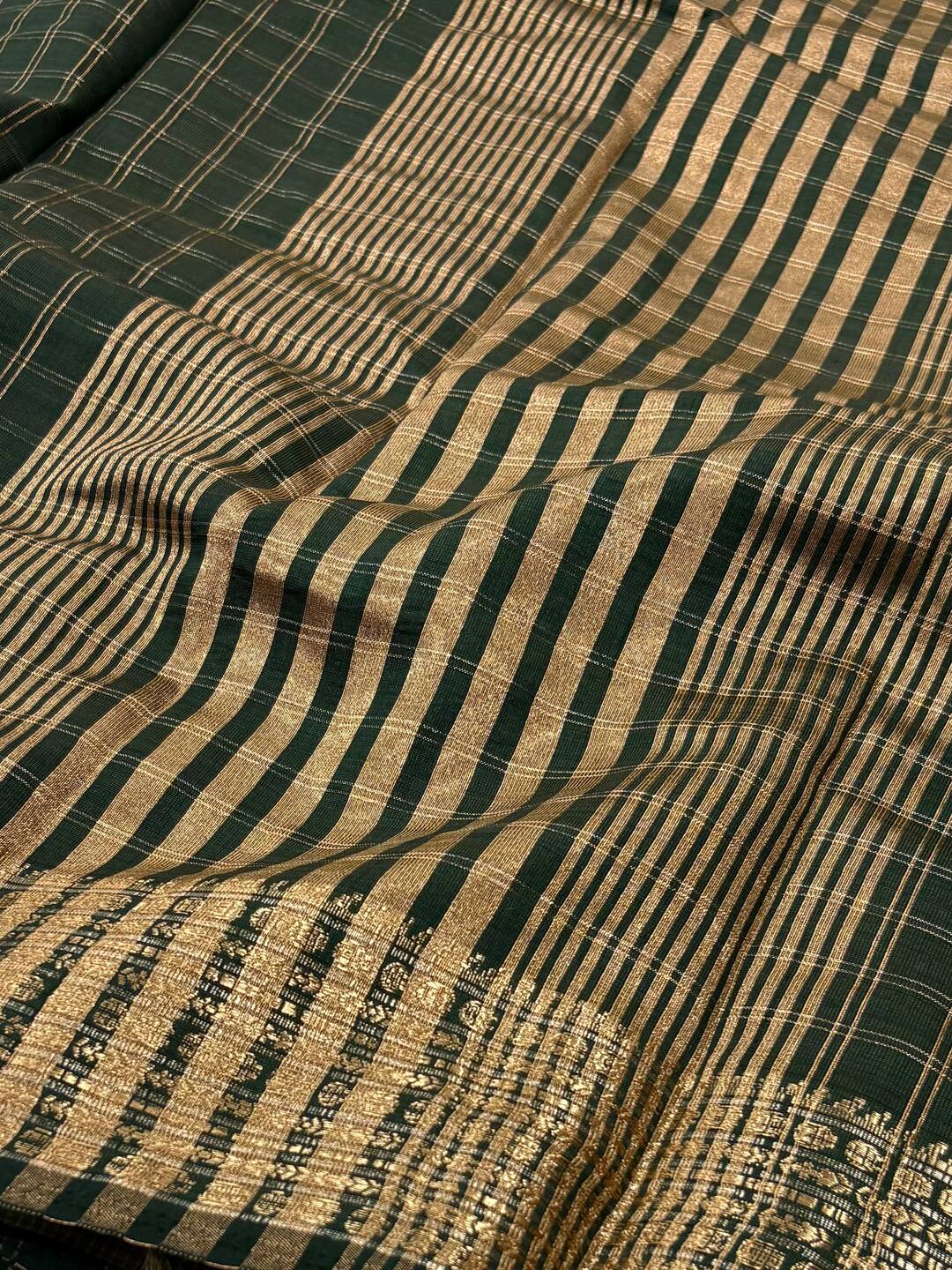 Emerald Green Checked Tussar Cotton Saree