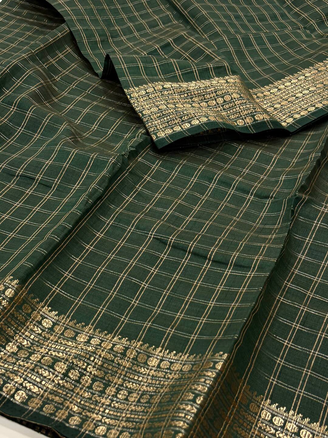 Emerald Green Checked Tussar Cotton Saree