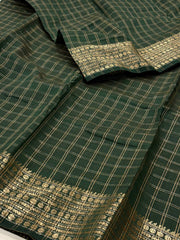 Emerald Green Checked Tussar Cotton Saree
