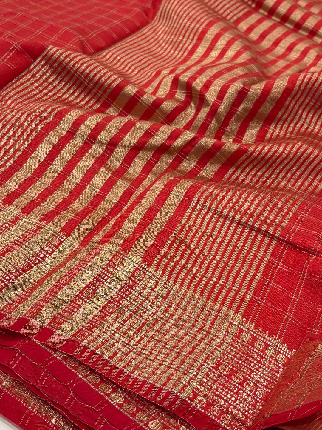 Chili Red Checked Tussar Cotton Saree