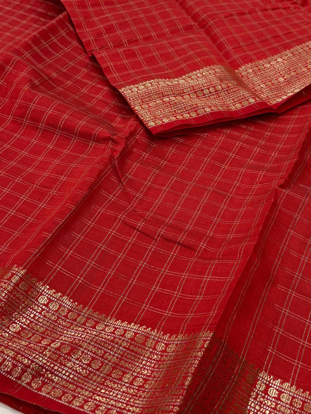 Chili Red Checked Tussar Cotton Saree