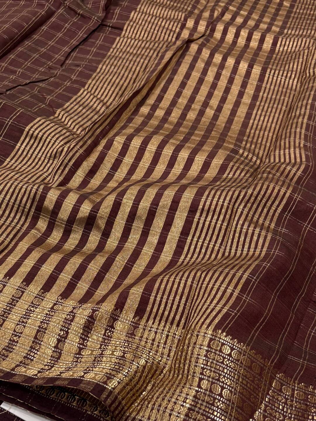 Brown Checked Tussar Cotton Saree