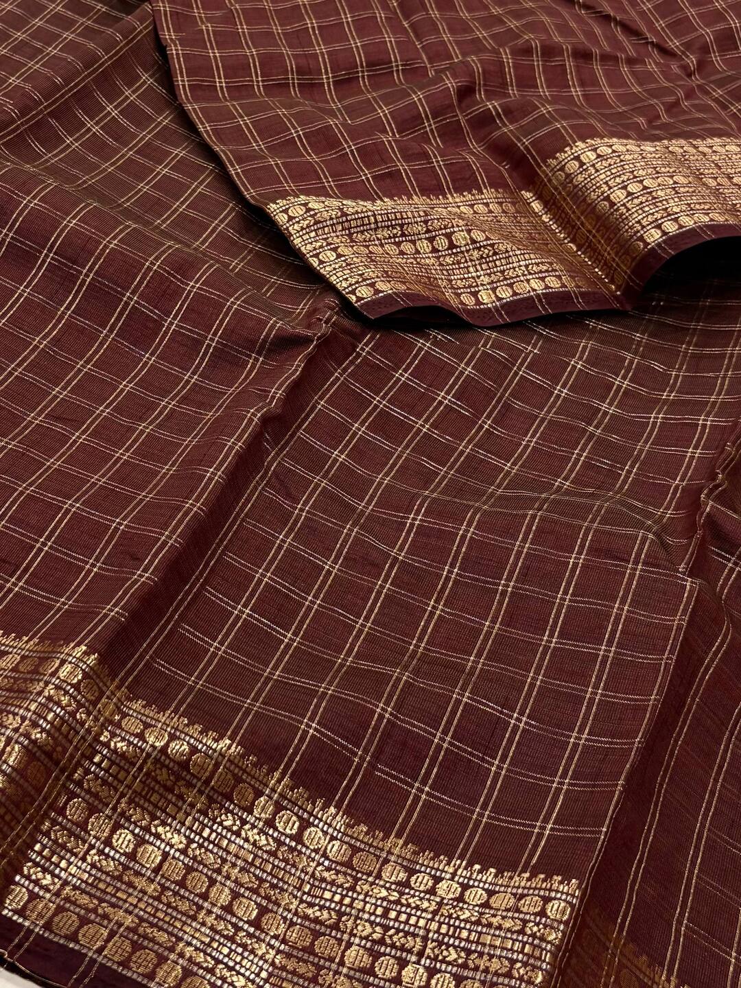 Brown Checked Tussar Cotton Saree