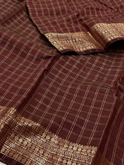 Brown Checked Tussar Cotton Saree