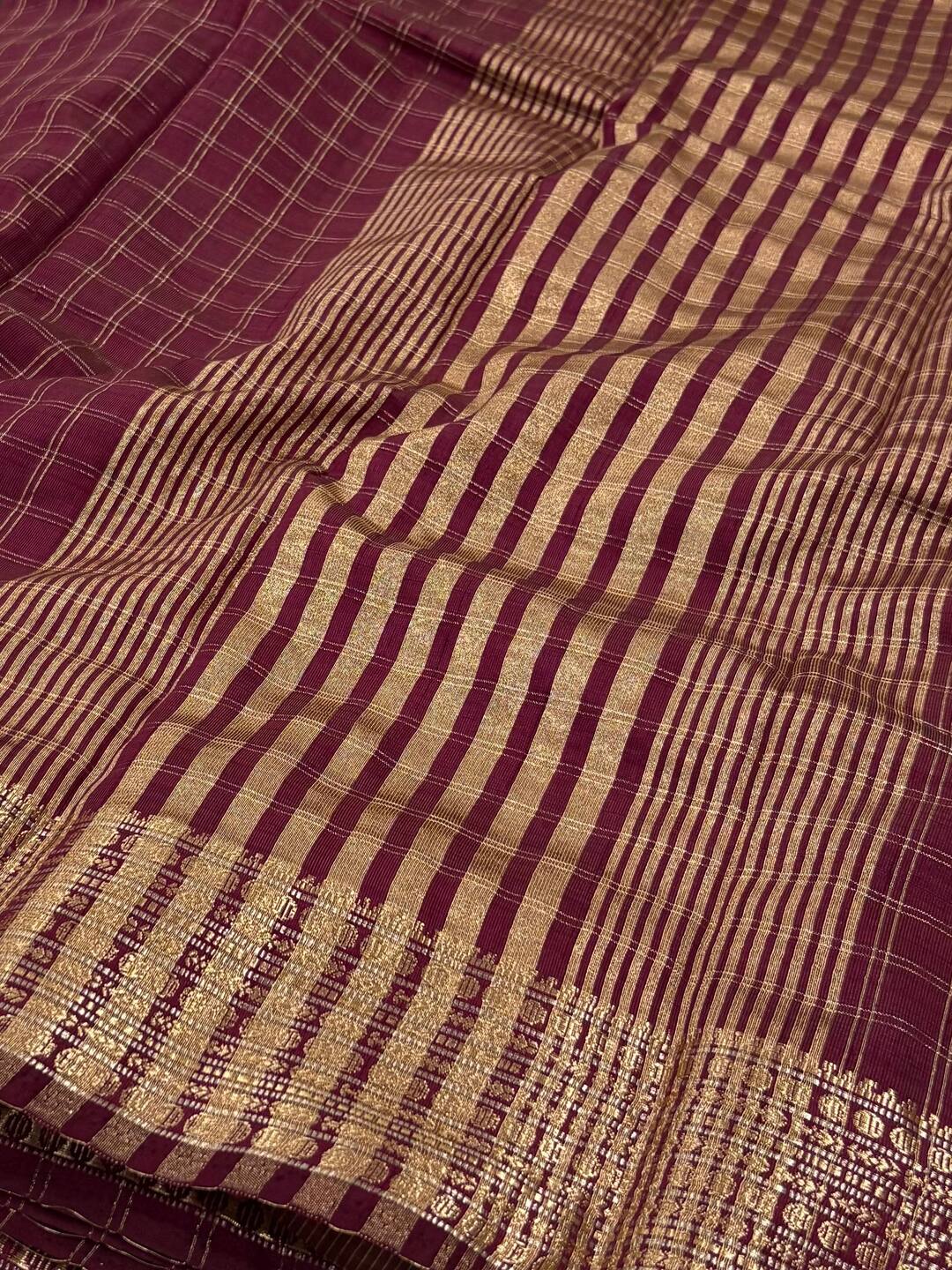 Plum Purple Checked Tussar Cotton Saree