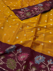 Mustard Yellow With Floral Border Cotton Silk Saree