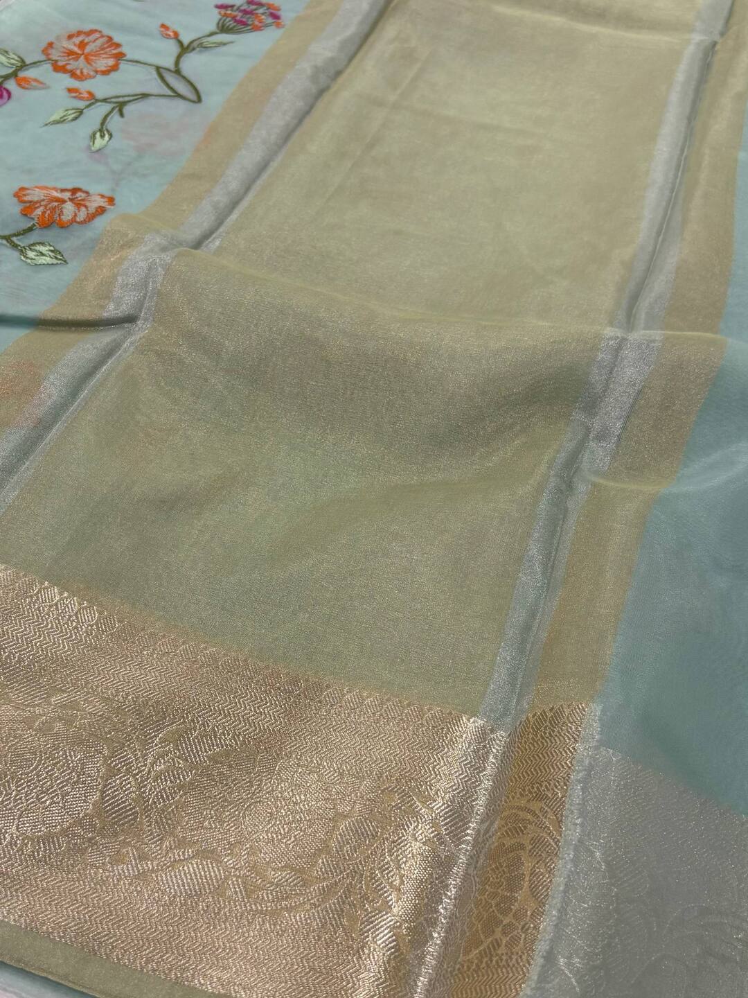 Baby Blue Floral Tissue Cotton Silk Saree