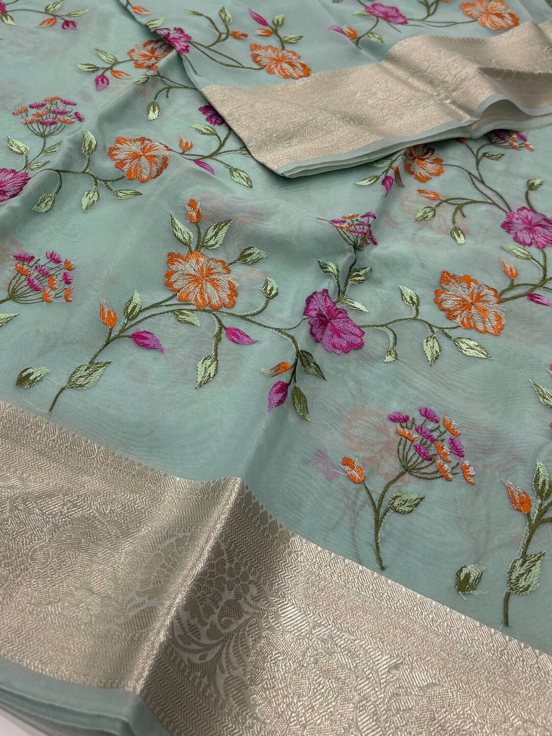 Baby Blue Floral Tissue Cotton Silk Saree