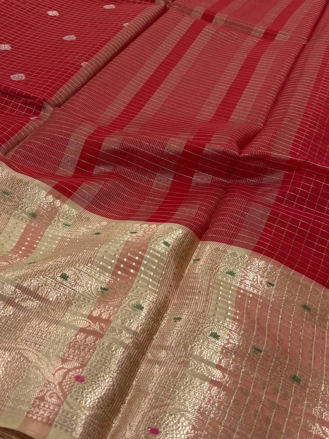 Chili Red  Banaras Checked Cotton Silk Saree