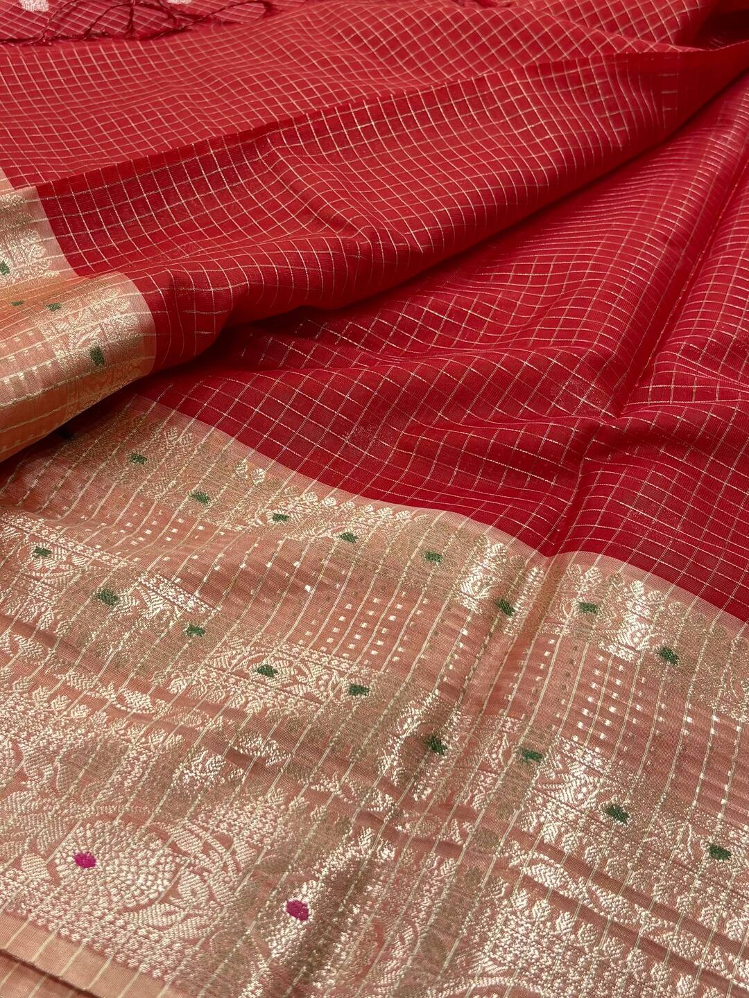 Chili Red  Banaras Checked Cotton Silk Saree