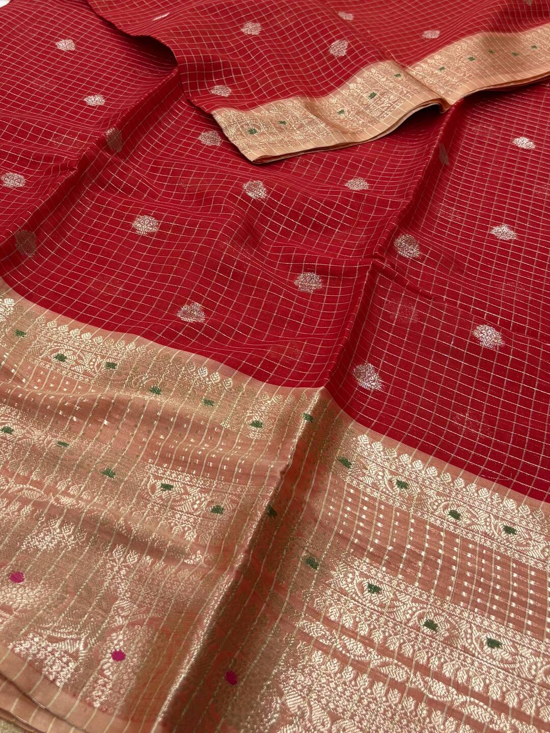 Chili Red  Banaras Checked Cotton Silk Saree