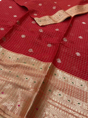 Chili Red  Banaras Checked Cotton Silk Saree
