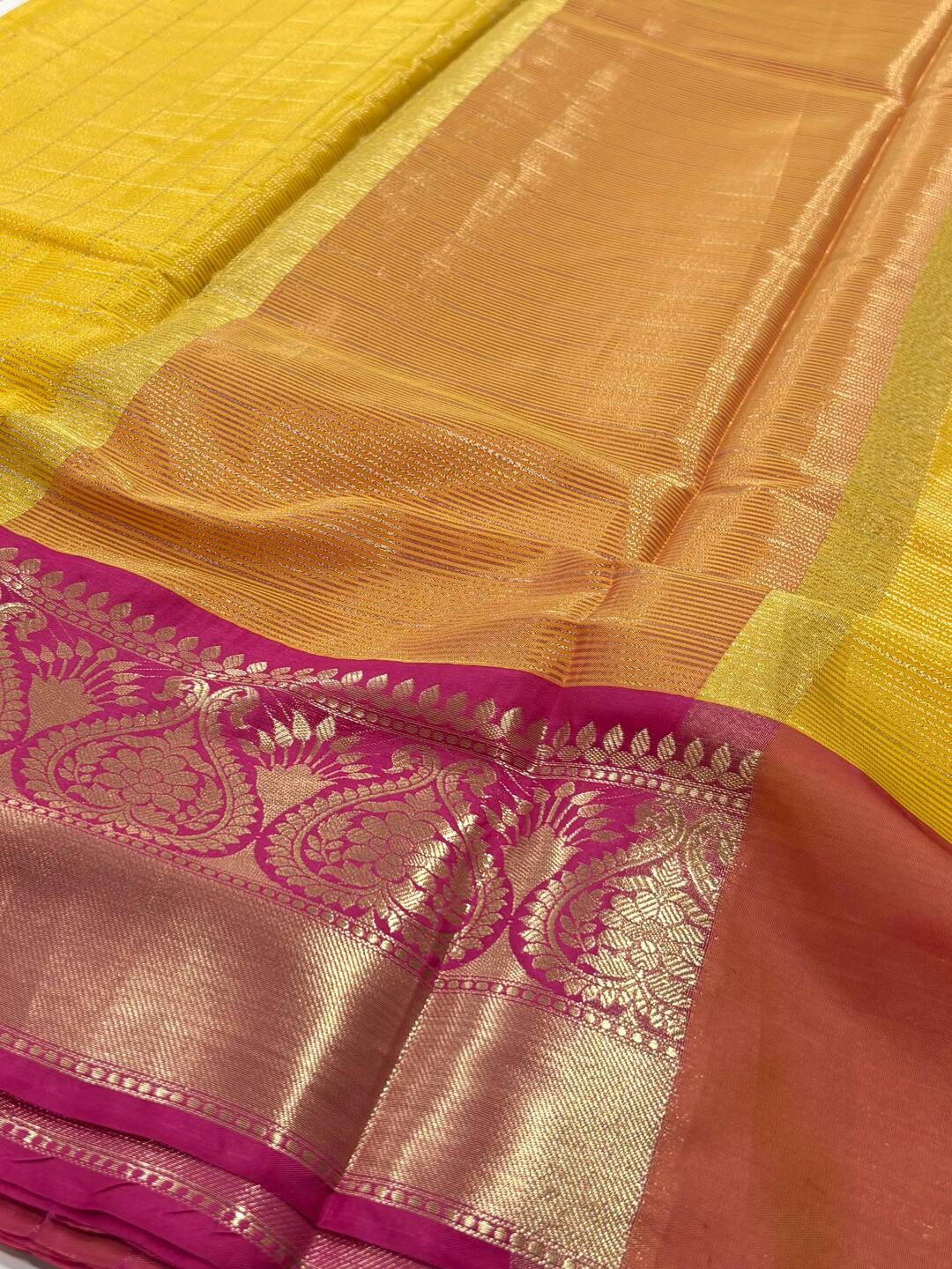 Yellow Checked Cotton Silk Saree