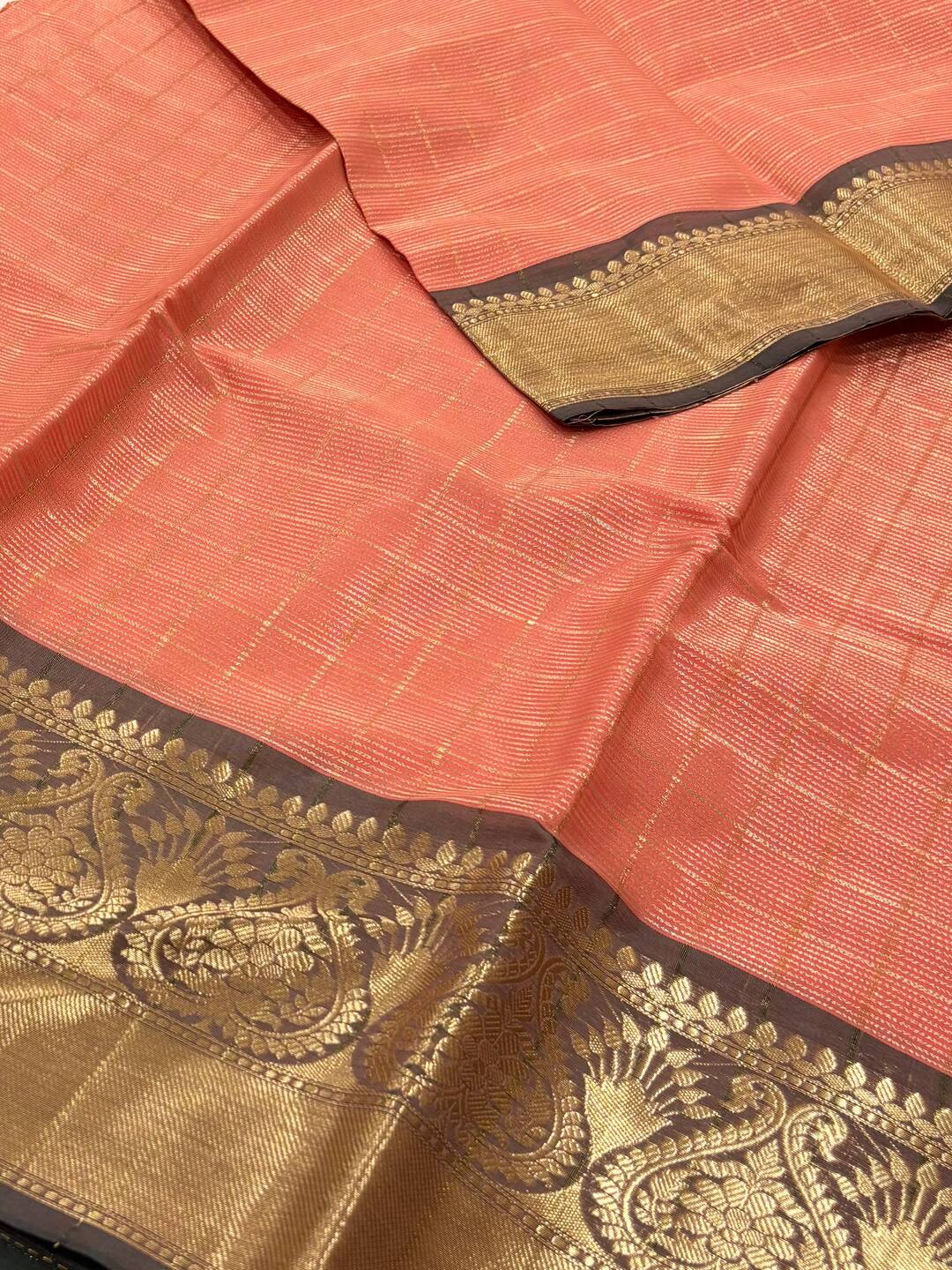 Coral Pink Checked Cotton Silk Saree