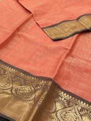 Coral Pink Checked Cotton Silk Saree