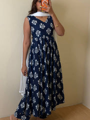 Navy Blue Soft Cotton Anarkali 3pcs Suit