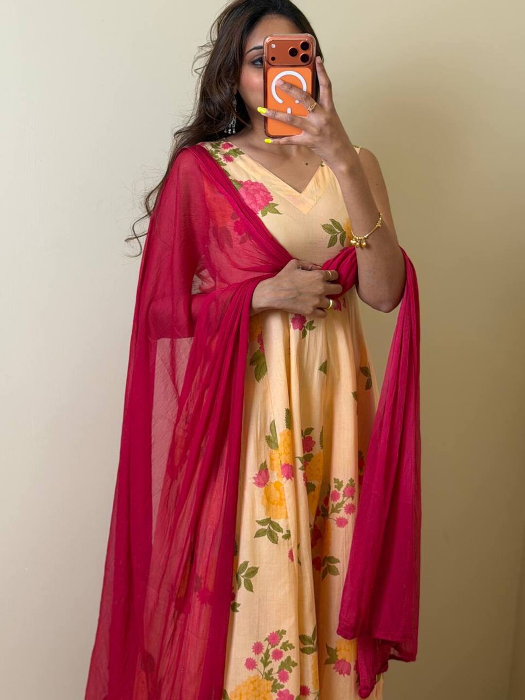 Soft Orange Soft Cotton Anarkali 3pcs Suit