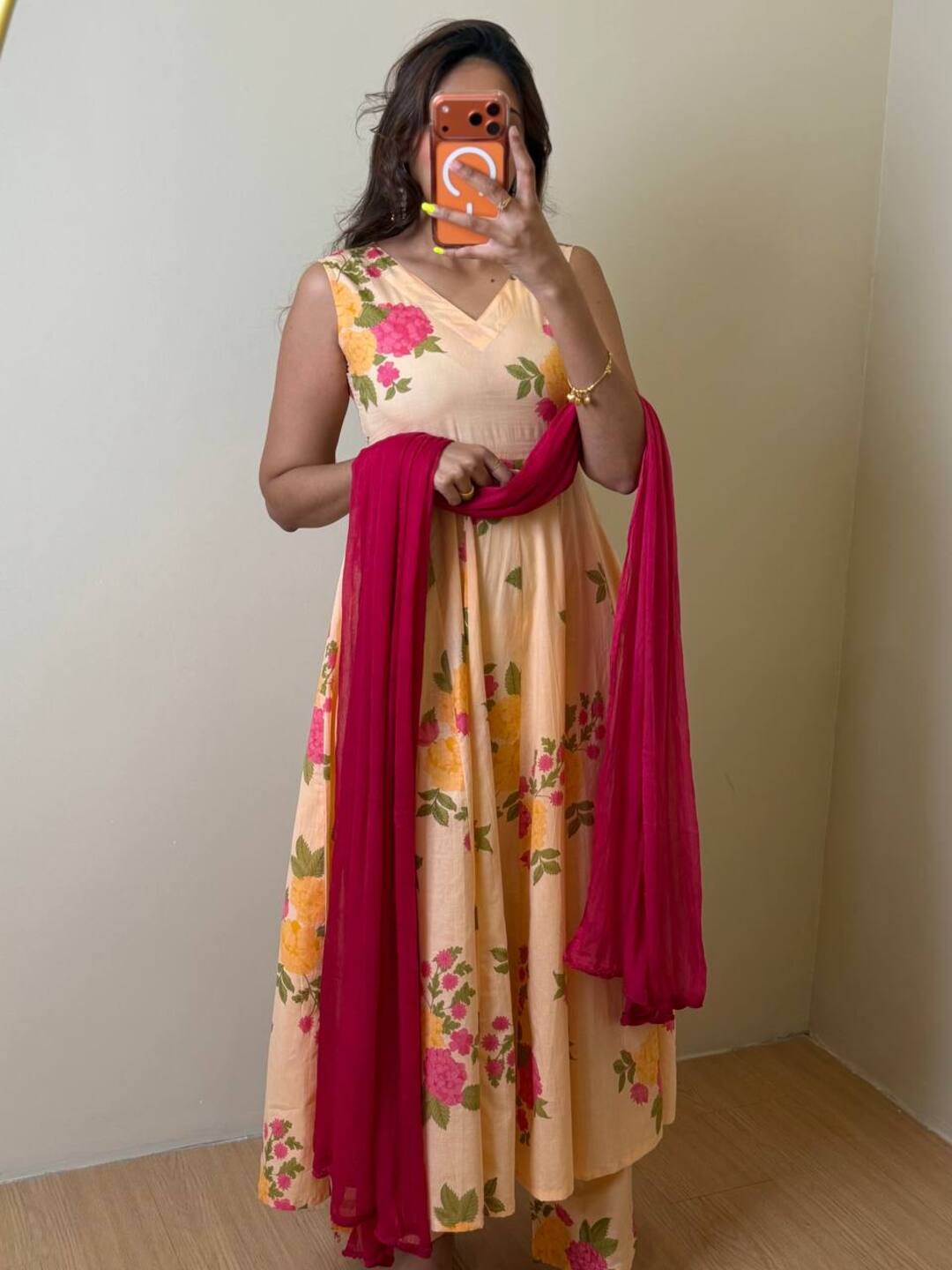 Soft Orange Soft Cotton Anarkali 3pcs Suit