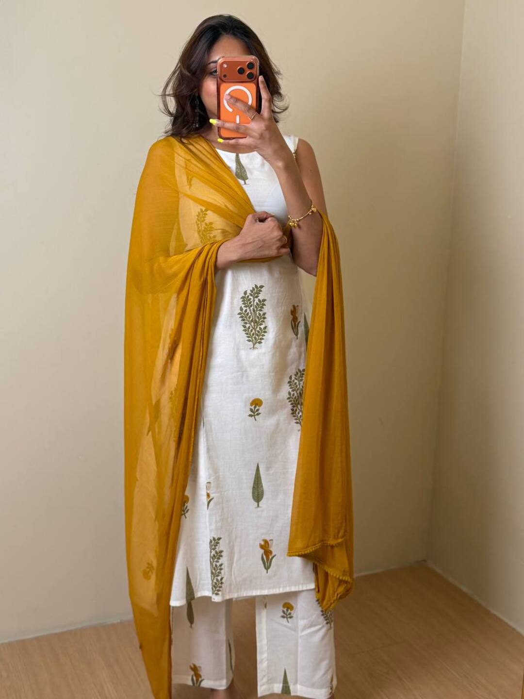 Off White A Line 3pc Cotton Kurti Suit