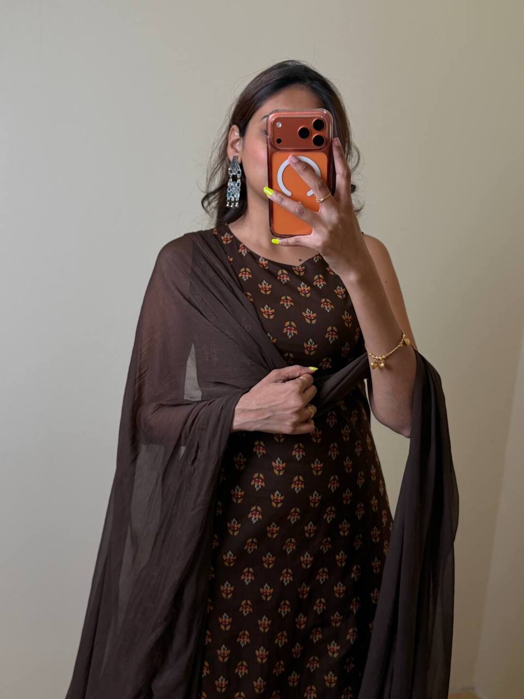 Brown A Line 3pc Cotton Kurti Suit