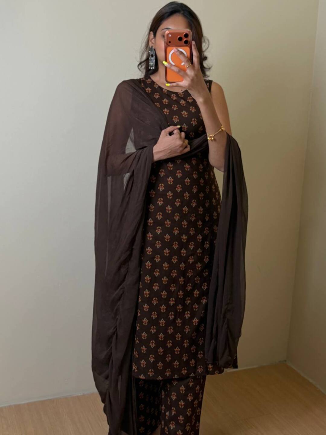 Brown A Line 3pc Cotton Kurti Suit