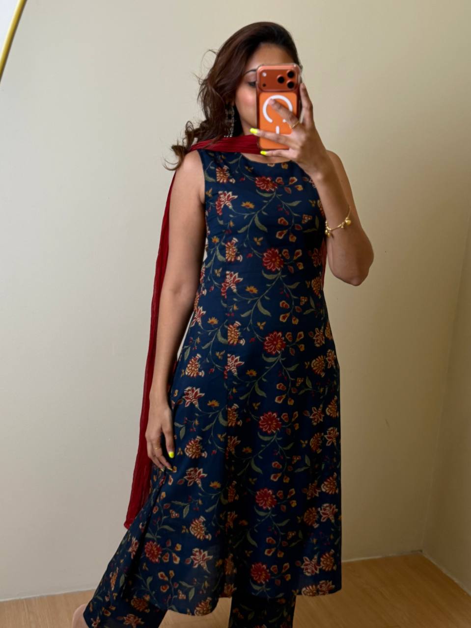 Navy Blue A Line 3pc Cotton Kurti Suit