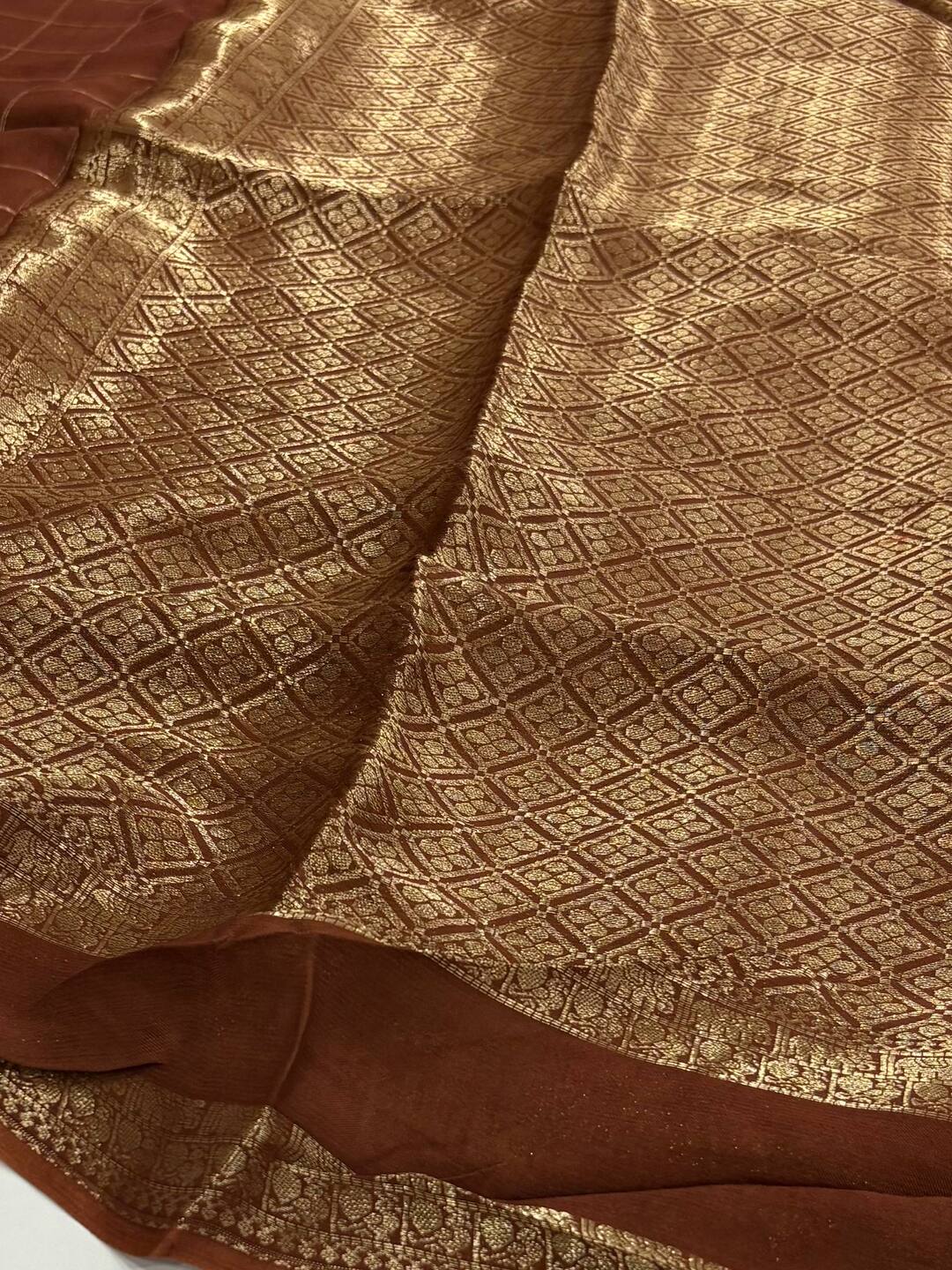 Brown Checked Chiffon Saree