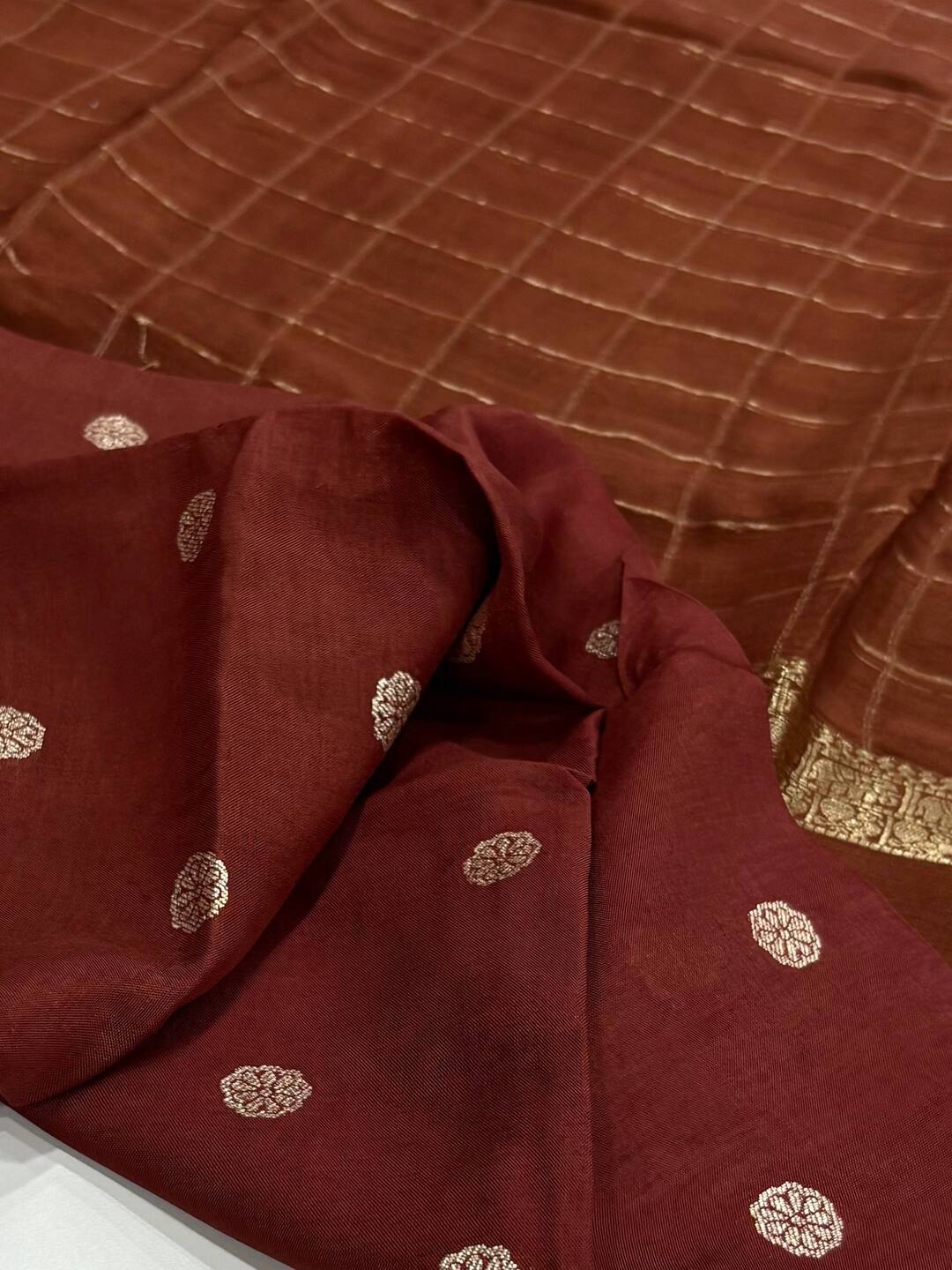 Brown Checked Chiffon Saree