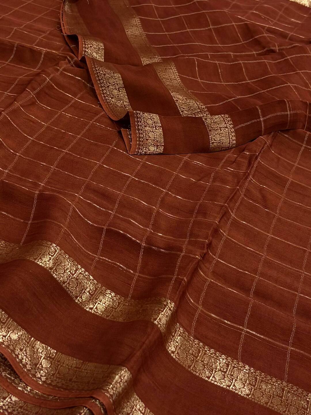 Brown Checked Chiffon Saree