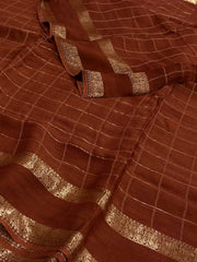 Brown Checked Chiffon Saree