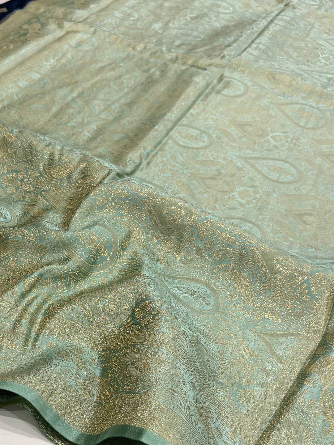 Teal Blue Banaras Satin Silk Saree