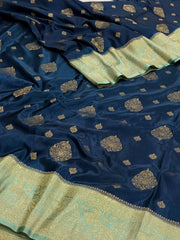 Teal Blue Banaras Satin Silk Saree