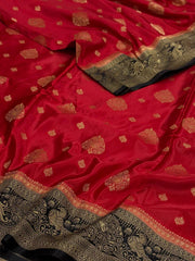 Dark Red Banaras Satin Silk Saree