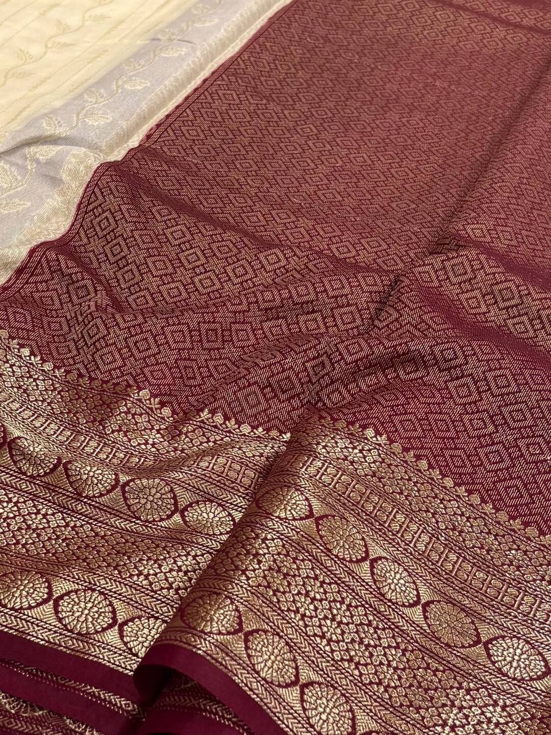 Off White With Burgundy Banaras Cotton Silk Saree