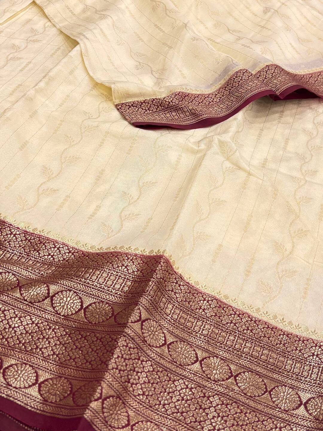 Off White With Burgundy Banaras Cotton Silk Saree