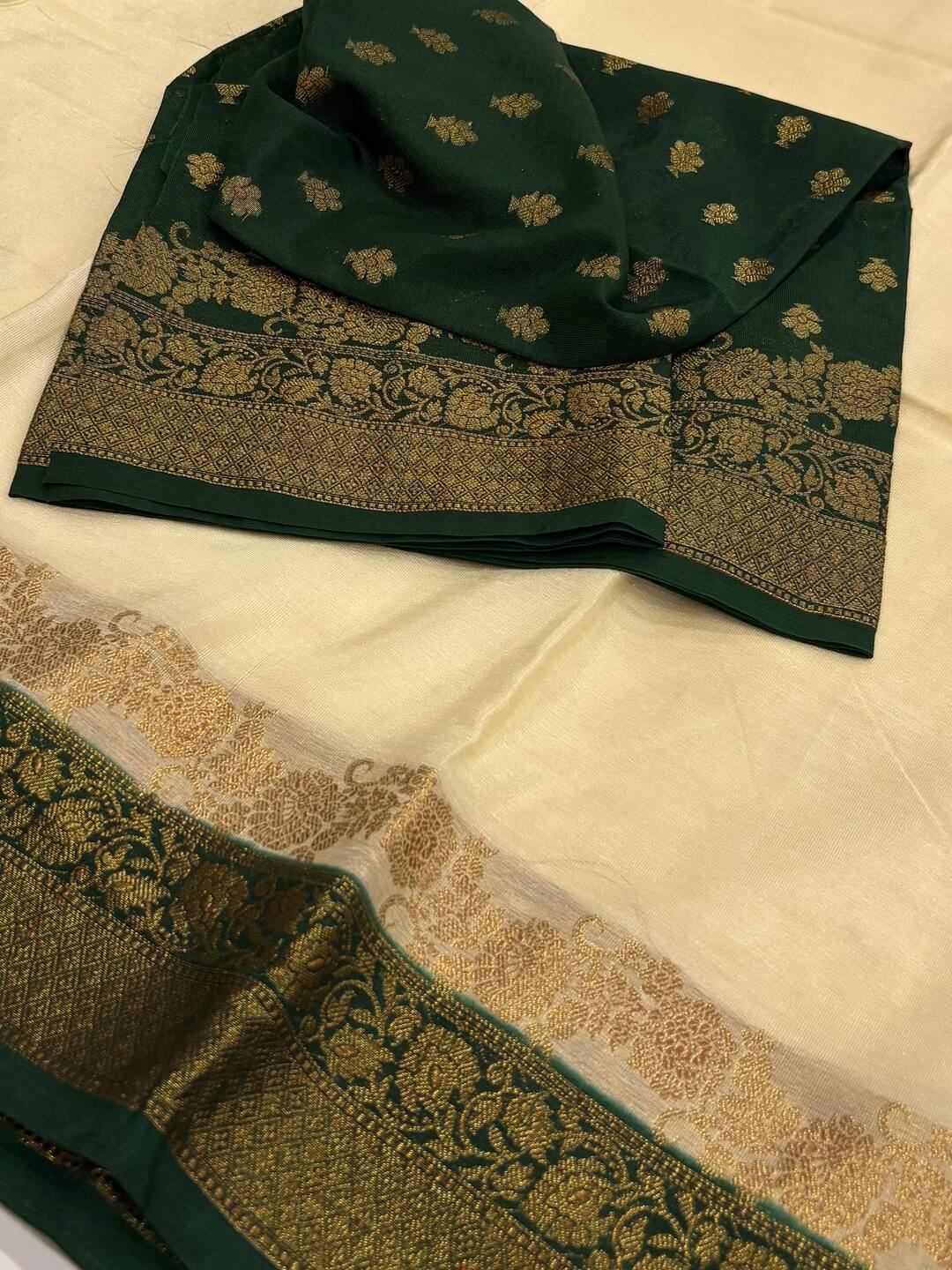 Off White With Emerald Green Banaras Cotton Silk Saree