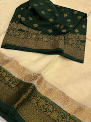 Off White With Emerald Green Banaras Cotton Silk Saree