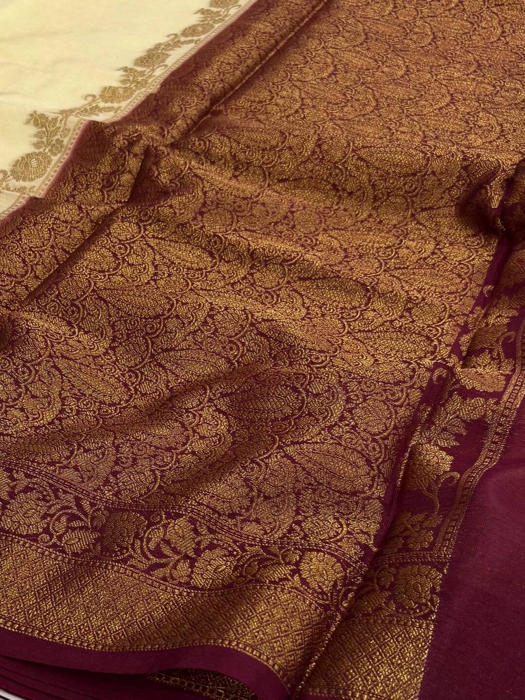 Off White With Maroon Banaras Cotton Silk Saree