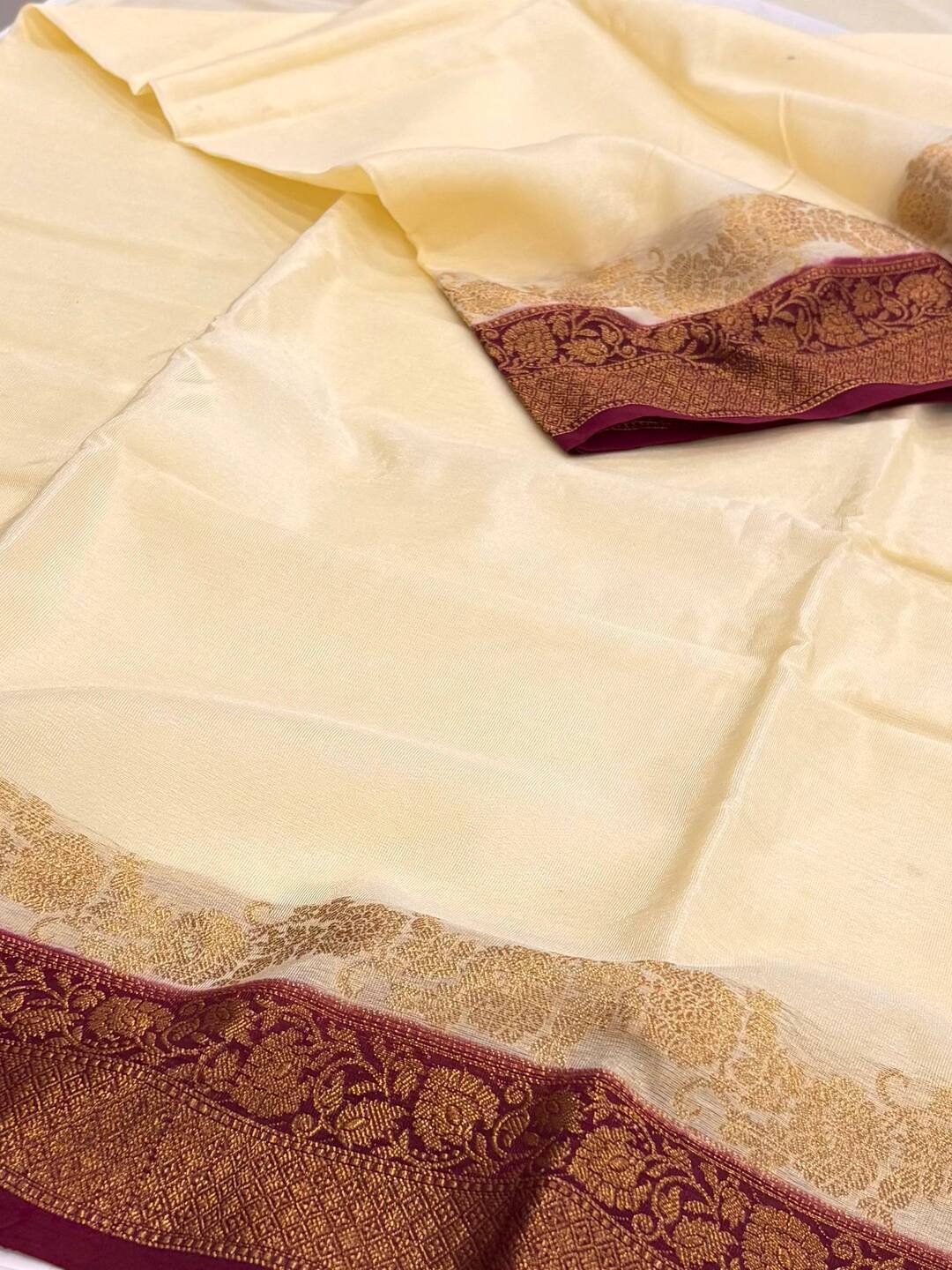 Off White With Maroon Banaras Cotton Silk Saree