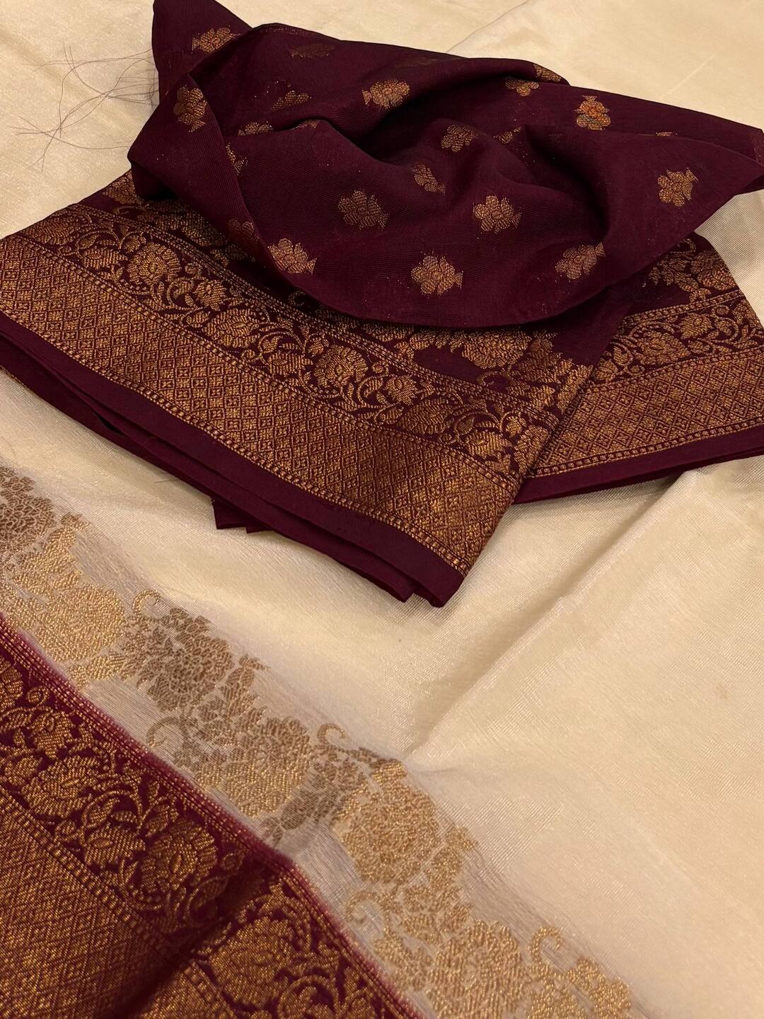 Off White With Maroon Banaras Cotton Silk Saree