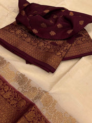 Off White With Maroon Banaras Cotton Silk Saree