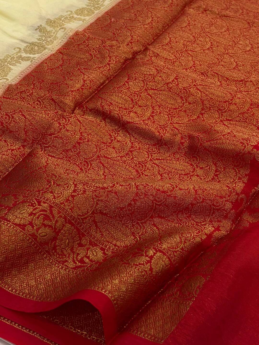 Off White With Chili Red Banaras Cotton Silk Saree