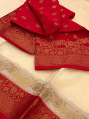 Off White With Chili Red Banaras Cotton Silk Saree